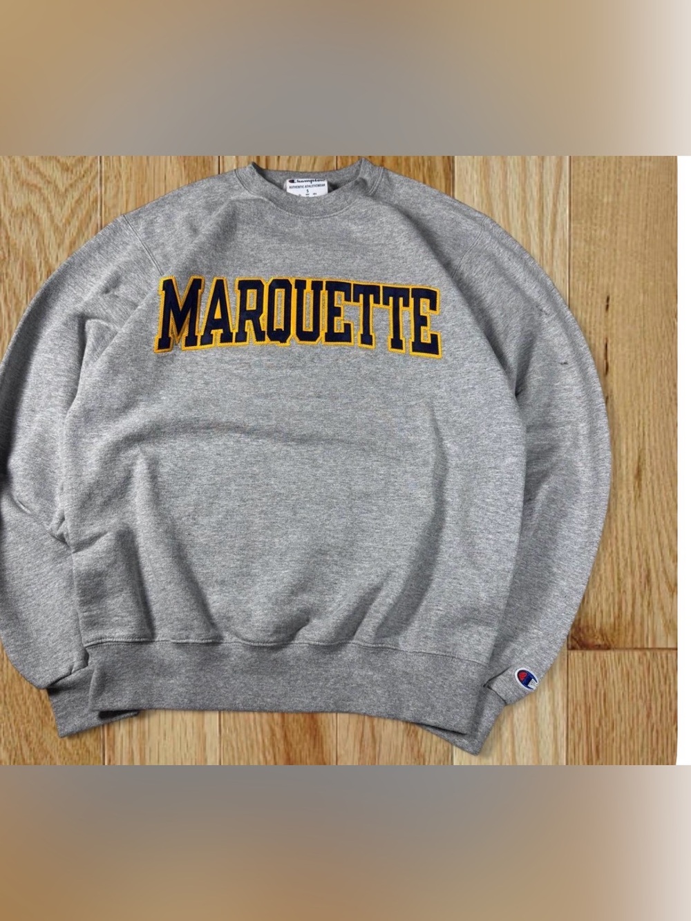 Champion Gray Marquette Crewneck Sweatshirt with Gold-Navy Lettering